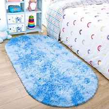 Oval Fluffy Blue Rainbow Rug 2.6X5.3 Small Kids Rugs for Bedroom Girls And