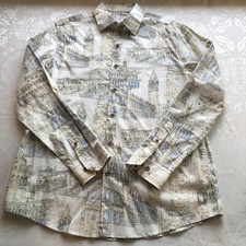Tasso Elba Men's Size M Architectural Print Long-Sleeve Dress Shirt Cream/Blue