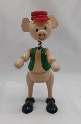 Ancienne figurine Cochon En Bois Goula Casquette Tête Oscillante Made In Spain - Photo 1/4