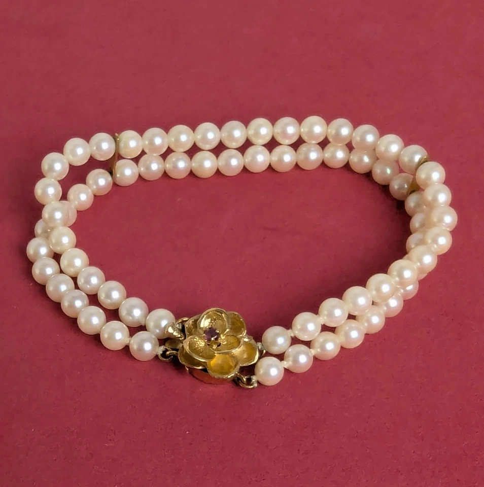 Vtg 14K Gold Double Strand 5mm Akoya Pearl Bracelet 14k Ruby Floral Clasp 7" - Image 3 of 4