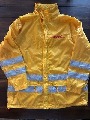 Men s DHL Yellow With Reflectors Windbreaker/Raincoat Jacket Pullout Hood Large