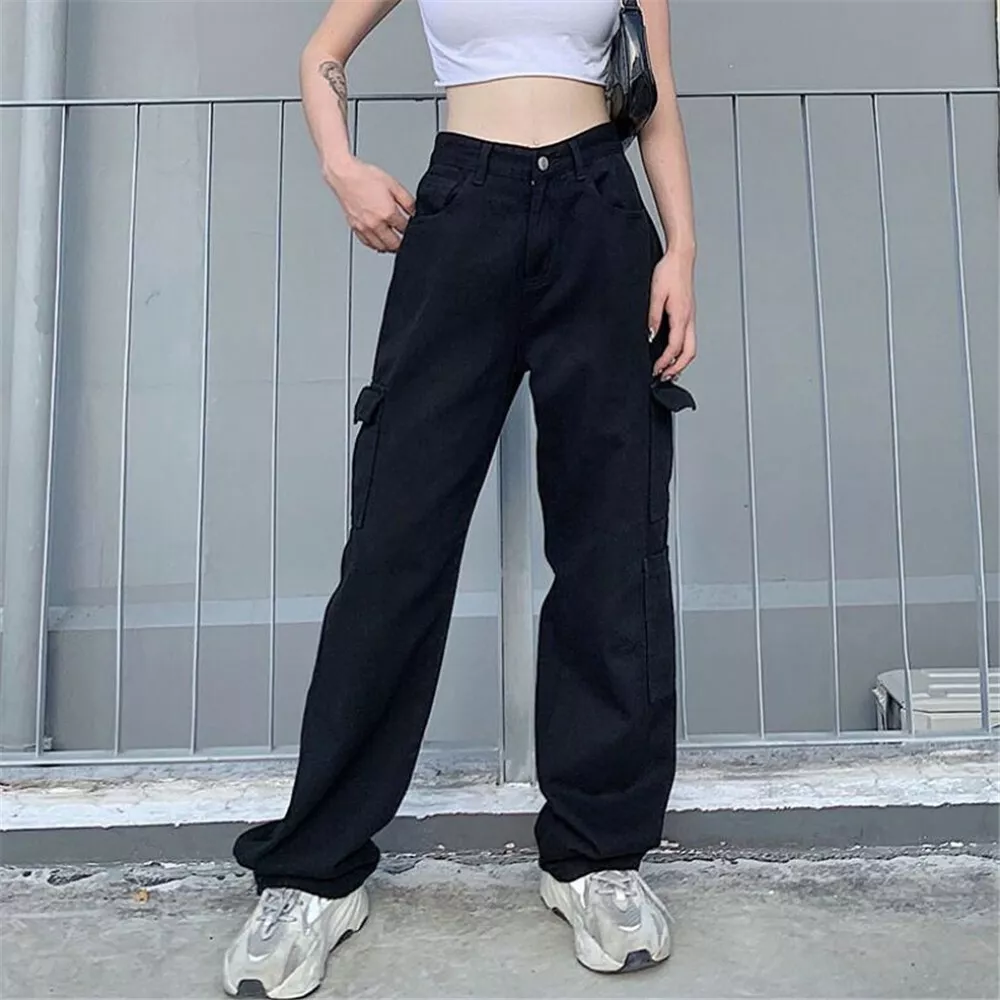 Women Straight Baggy Denim Jeans High Waist Pants Casual Loose Cargo  Trousers