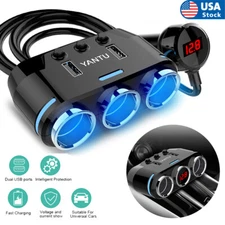 12V 3 Way Car Cigarette Lighter Socket Splitter Dual USB Charger Power Adapter