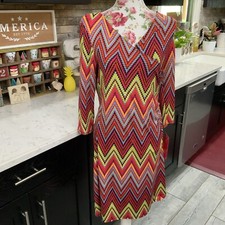 Sunny Leigh Womens Sz Medium Dress Faux Wrap Zig Zag Mod Pattern 3/4 Sleeve New