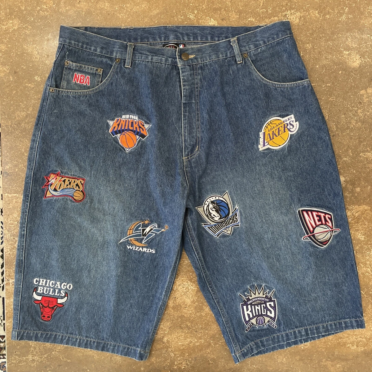 Vintage NBA Unk Denim Shorts Embroidered Patch Jean Shorts Sz 40 16 Teams