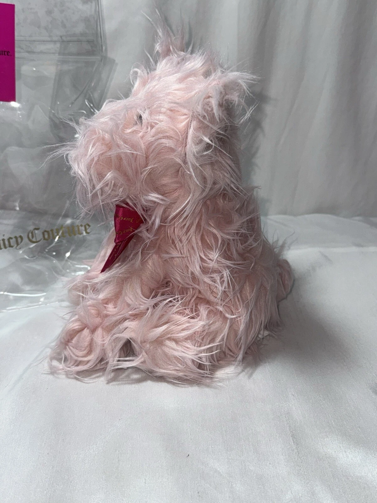 Juicy Couture Pink Peluche Cane Scotty con etichette e borsa trasparente