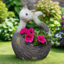 Rustic Cat Planter Ornament ? Tree Bark Effect Garden Pot 36.5cm Animal Decor