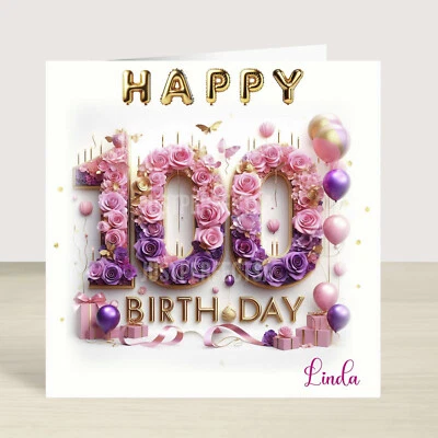 JUSTPERFECTSA Stunning 100th Birthday Card Female Floral Roses,Personalised Folded card