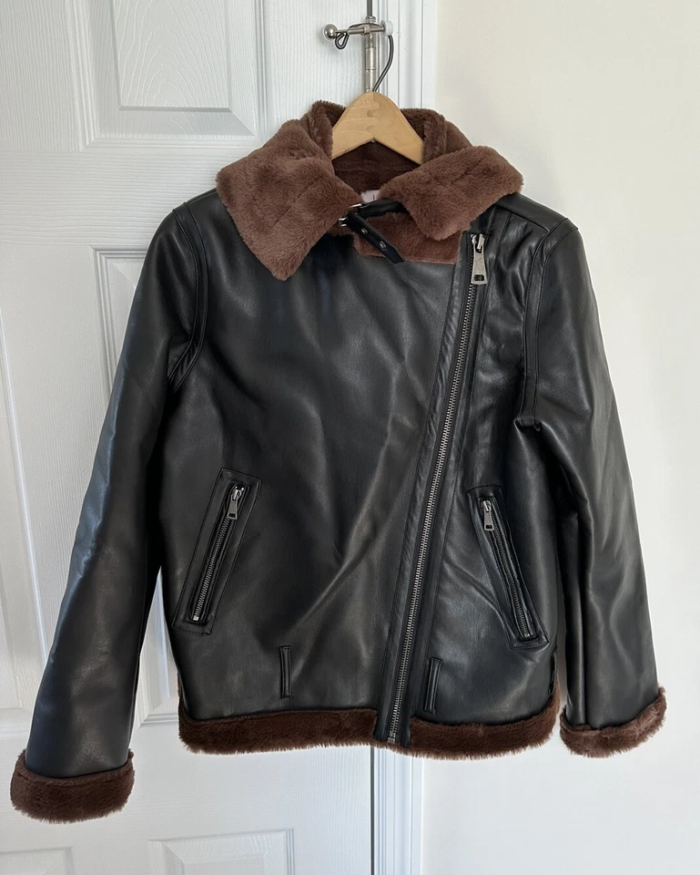 SO Vegan Leather Faux Fur Moto Lined Jacket Junior Women’s Medium Cropped Fit - Image 2 of 4