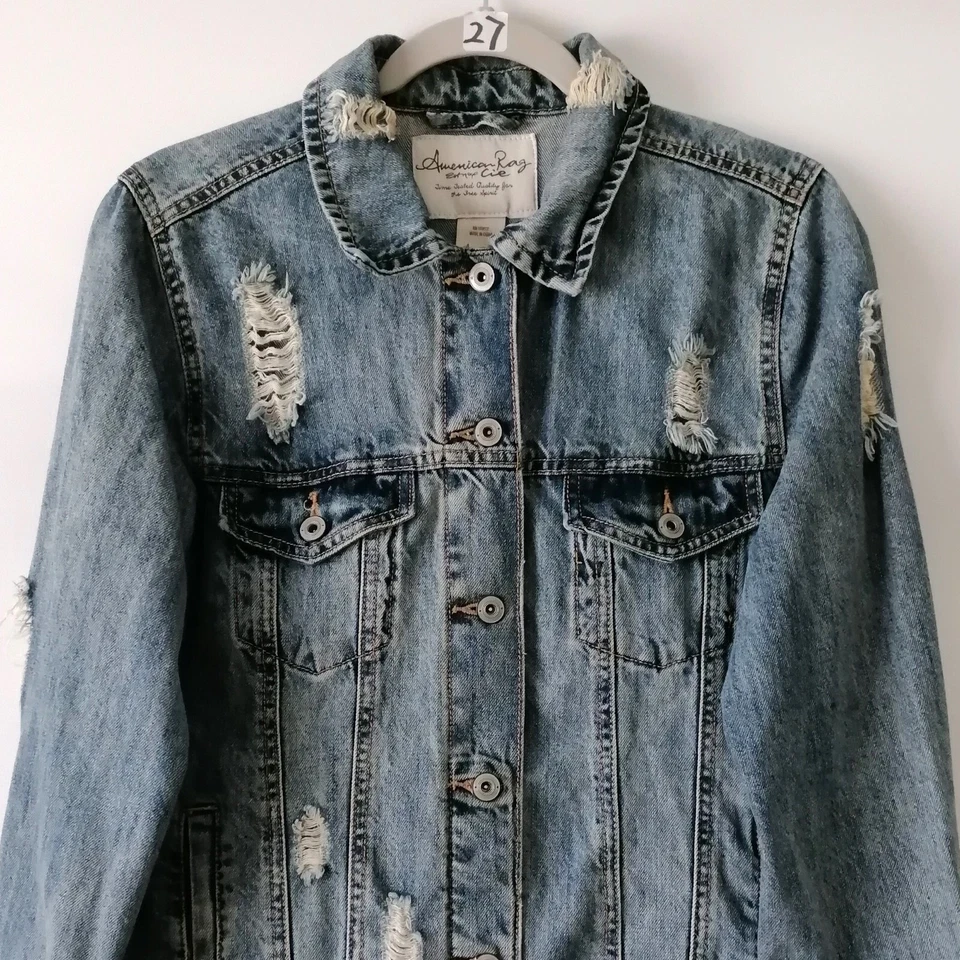 Chaqueta de mezclilla envejecida con botones azul manga larga American Rag para mujer talla M Foto 2 de 4