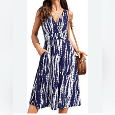 Navy blue print stretch v neck wrap midi summer sleeveless dress M NEW