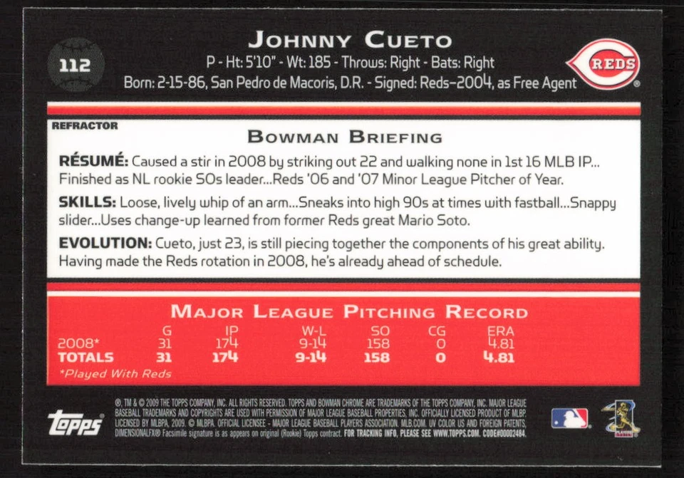 2009 Bowman Chrome Johnny Cueto Refractors #112 Card - Image 2 of 2
