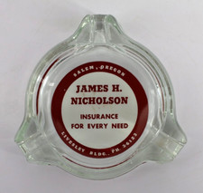 Vintage Advertising Ashtray Clear Glass James H Nicholson Insurance Salem OR