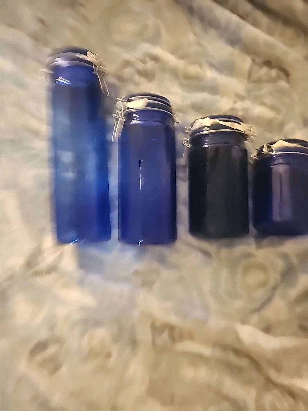 4 COBALT BLUE GLASS CANISTER JARS W WIRE BALE CLOSURES NEW RUBBER SEALS