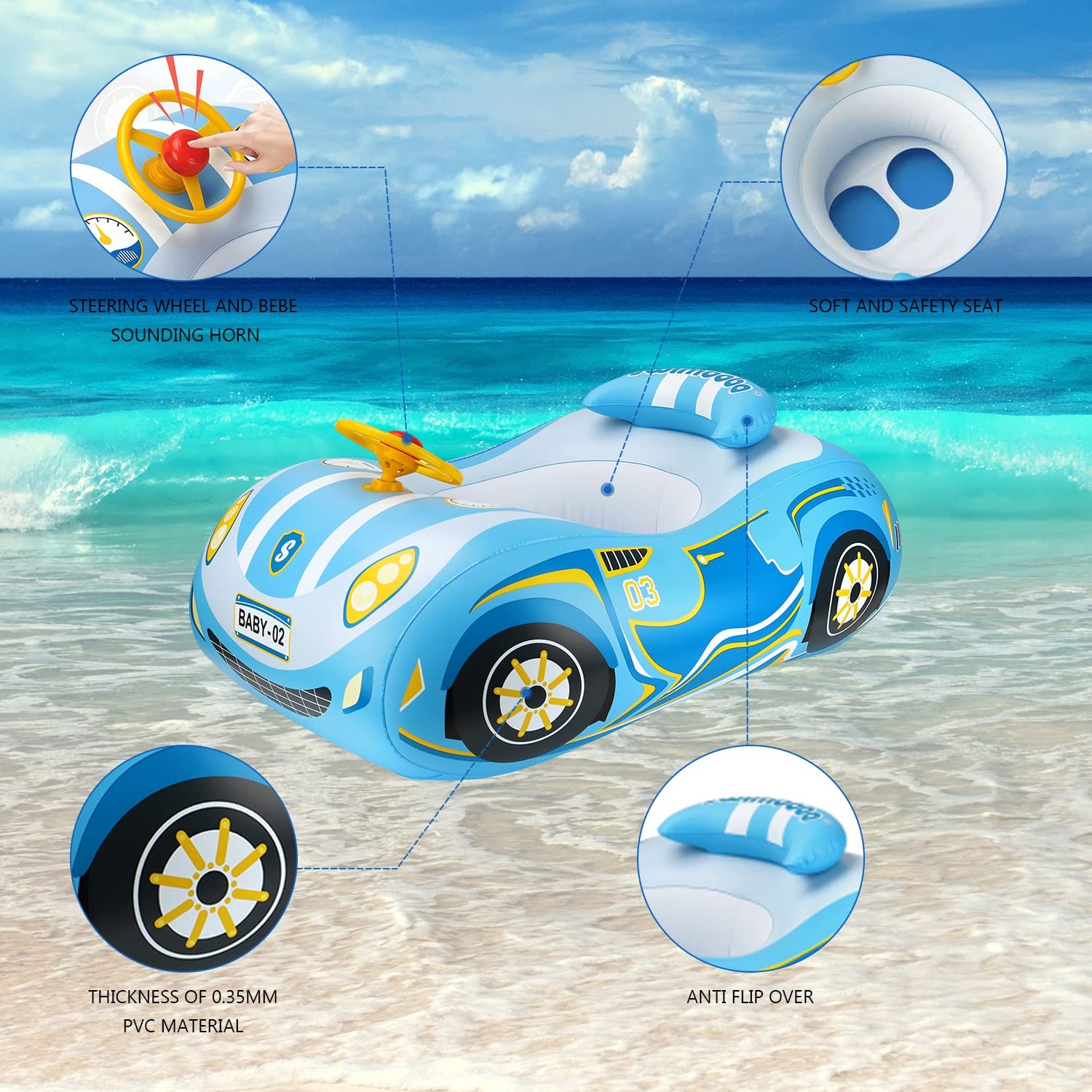 Baby Pool Float with 3D Car Design,Thick PVC Baby Swim Floatie, Toddler Infan...