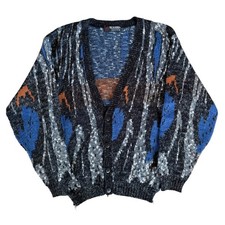Vintage Scandia Abstract Knit Cardigan Sweater Mens Medium Blue Black USA Made