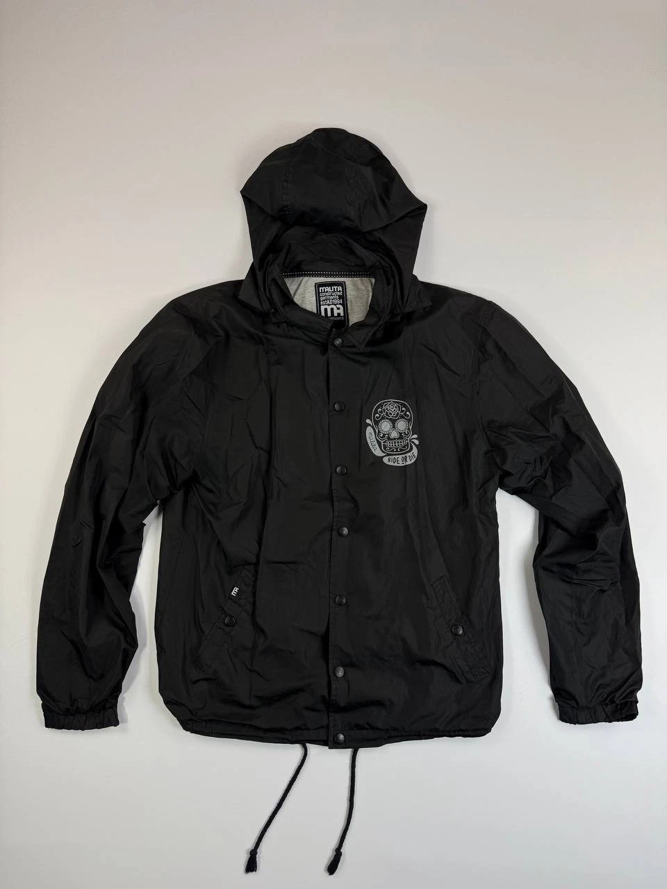Malita Black Hooded Jacket Mens L Lightweight Windbreaker Skull Graphic