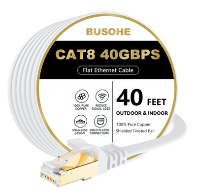 BUSOHE Cat 8 Ethernet Cable 40FT 40Gbps 2000MHz Gold RJ45 Flat LAN Wire