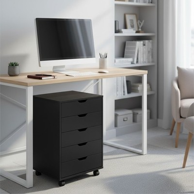 Stylish Black Wood 5-Drawer Dresser with Casters - Easy Mobility & Storage