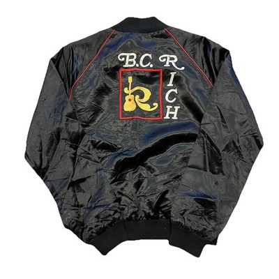 VTG B.C. RICH BLACK SATIN JACKET GUITAR GUS SPEAKING BOMBER M 40 LP DESIGN (39)