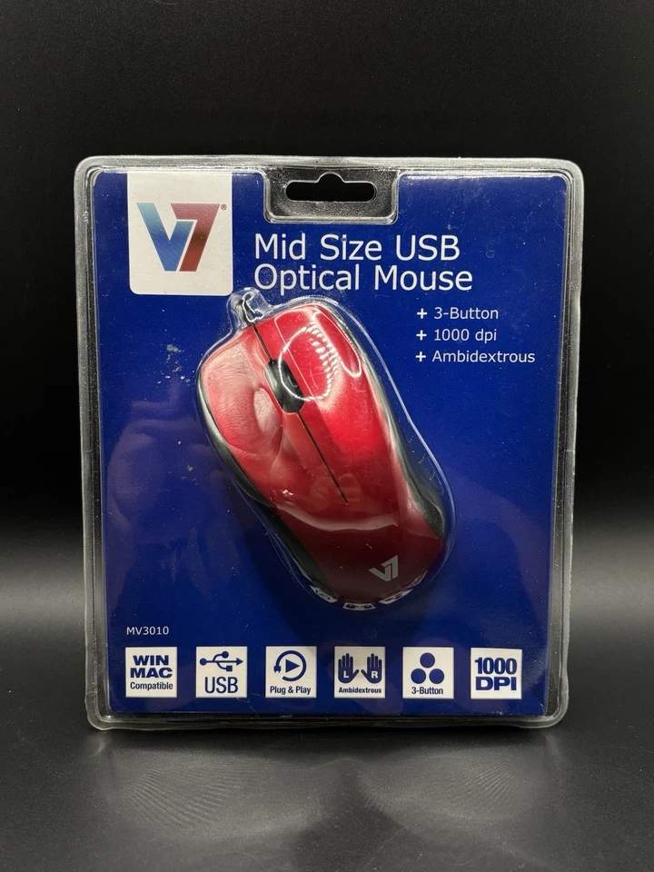 New V7 USB Optical Mouse MV3010 Full Size Wired Plug and Play 3 Button Red Mouse - Image 2 of 3