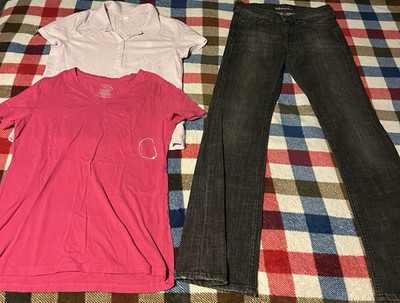 Aéropostale & Time and Tru Women's Pink Polo, V-Neck Top, Jeans Set, 3 Piece