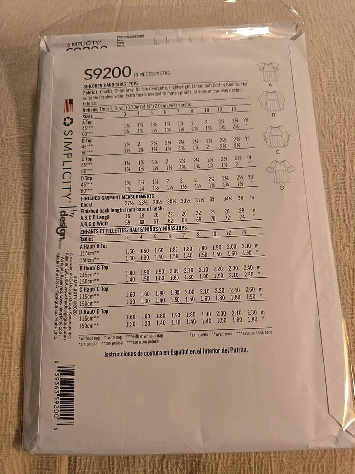 Simplicity Sewing Pattern S9200 Blouse Top Tunic Girls Size 3-6 UNCUT  - Image 2 of 2