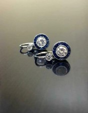Sapphire Halo Dangle Earring, Blue Baguette & Round  Stone Edwardian Earring,