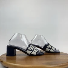 Womens Valentino Garavani Vlogo 50 Toile Navy Blue Heeled Slides Sandals Size 37