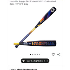 Louisville Slugger Select PWR 2025 Youth USA Bat -10 Drop 28in Black/Yellow/Blue