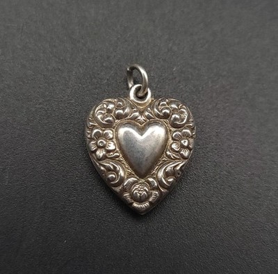 Puffy Heart Floral Border Vintage 40s Bracelet Charm Sterling Silver