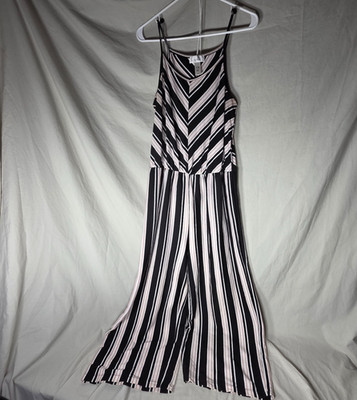 Just Be Women s Jumpsuit Size 1X Black Pink White Striped Wide Leg Sleeveless