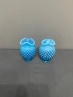 Vintage FENTON Blue Opalescent Hobnail Mini Ruffled Vases Pair #3953 Mid-Century