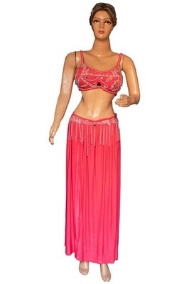 Coral Red Belly Dance Costume Set | Beaded Fringe Bra & Skirt | Egyptian Style