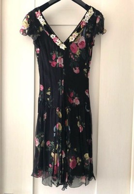 Blumarine Floral Sleeveless Fringe Hem Mini Dress Black Pink Size 38
