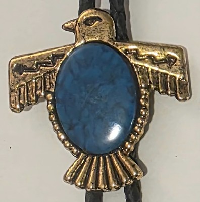 Vintage Metal Bolo Tie, Nice Brass Eagle Design, Birl, Big Blue Turquoise Stone