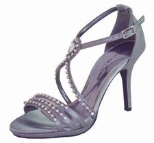 Ladies Wedding Party Heeled Evening Shoes Sandals Diamante Dark Grey Pewter NEW
