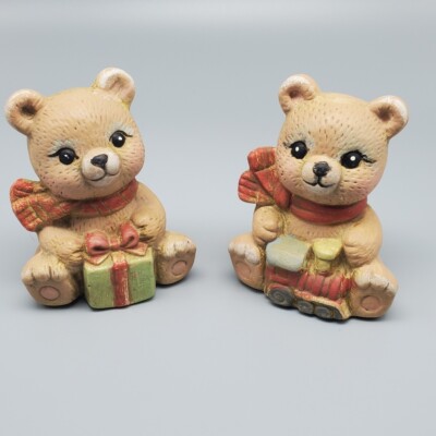 Teddy Bear Figurine Train Hand Painted Vintage Nursery Christmas Set of 2