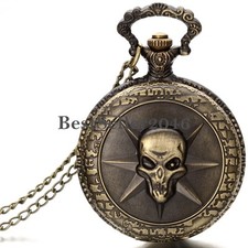 Retro Bronze Gothic Skull Pocket Watch Pendant Necklace Women Men Halloween Gift