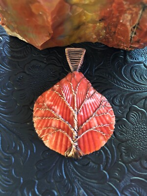 Orange Scallop Shell Tree of Life Copper Wrap Pendant 3'' Artisan Southwest