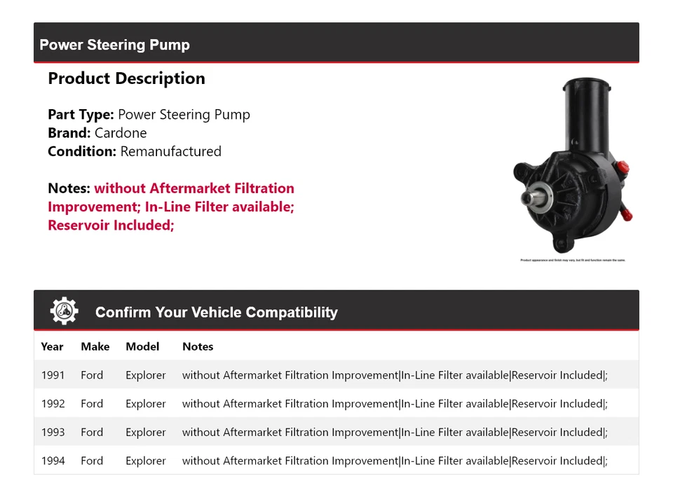 For 1991-1994 Ford Explorer Power Steering Pump Cardone 1992 1993 - Image 2 of 4