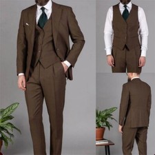 Men's British Plaid Single Breasted Suits 3 Pieces Slim Fit for Wedding Business