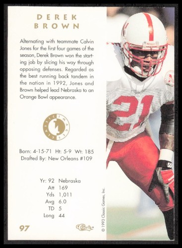 NFL 1993 Classic Images Nebraska Cornhuskers Derek Brown 97 Football CB-1-1-A-29 - Picture 2 of 7