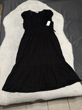 Time and Tru Spade Black Midi Dress Womens Size L 12-14 V-Neck Ruched Cap Sleeve