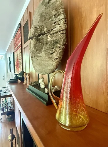 Vintage Flavio Poli Murano Sommerso Faceted 1950’s  Glass Vase Red & Amber MCM