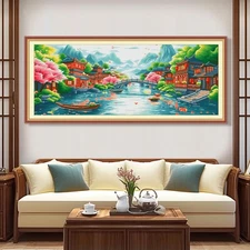 Oriental River Landscape Cross Stitch Kit – 11CT 148x60cm Large Aida Cloth, C...