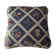 Needlepoint Lattice Pattern Pillow Wool/Cotton Velvet Vintage Fruit Acorn Flower