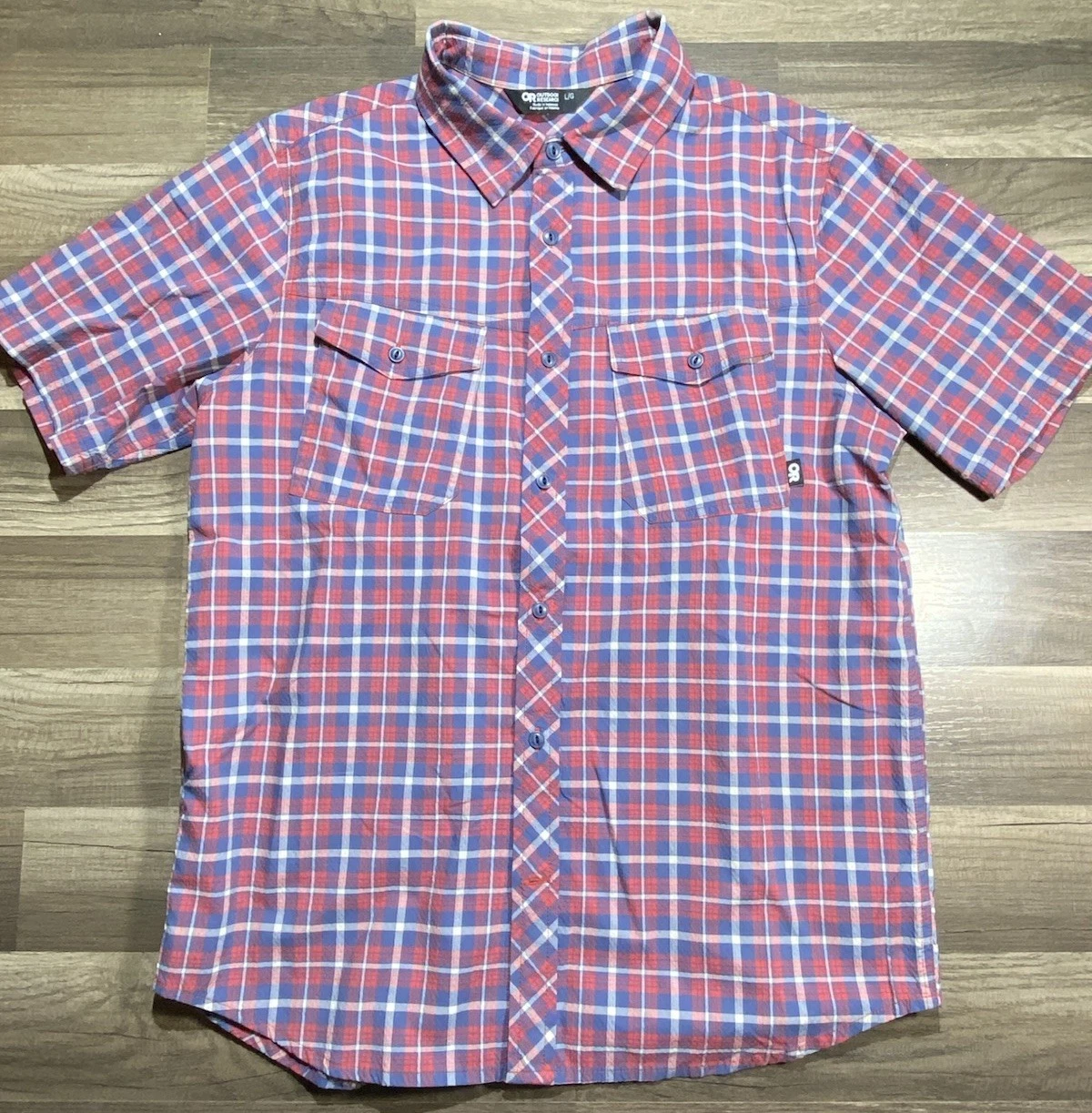 Outdoor Research Wanderer Shirt Mens Large Red Plaid Short Sleeve Hiking Outdoor