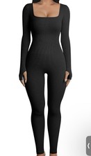 Amazon  s 0QQ Women  s Black Ribbed Long Sleeve/ Pants Workout Bodysuit-Size Small