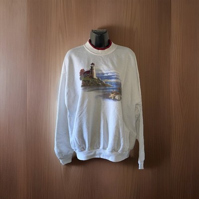 Vtg Morning Sun 3D Beach Lighthouse Double Collar Grandma Sweatshirt L Thrashed